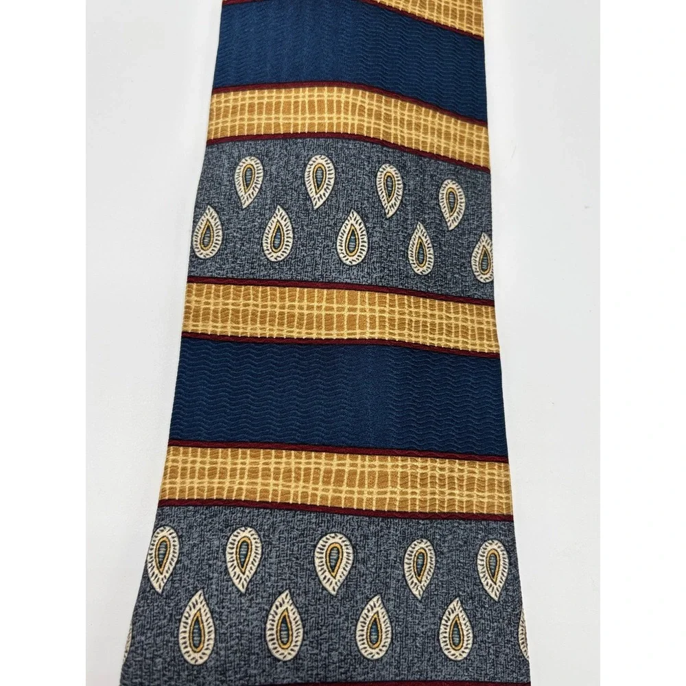 Vintage Perry Ellis Men's Silk Necktie Blue Gold Paisley Stripe Classic Designer